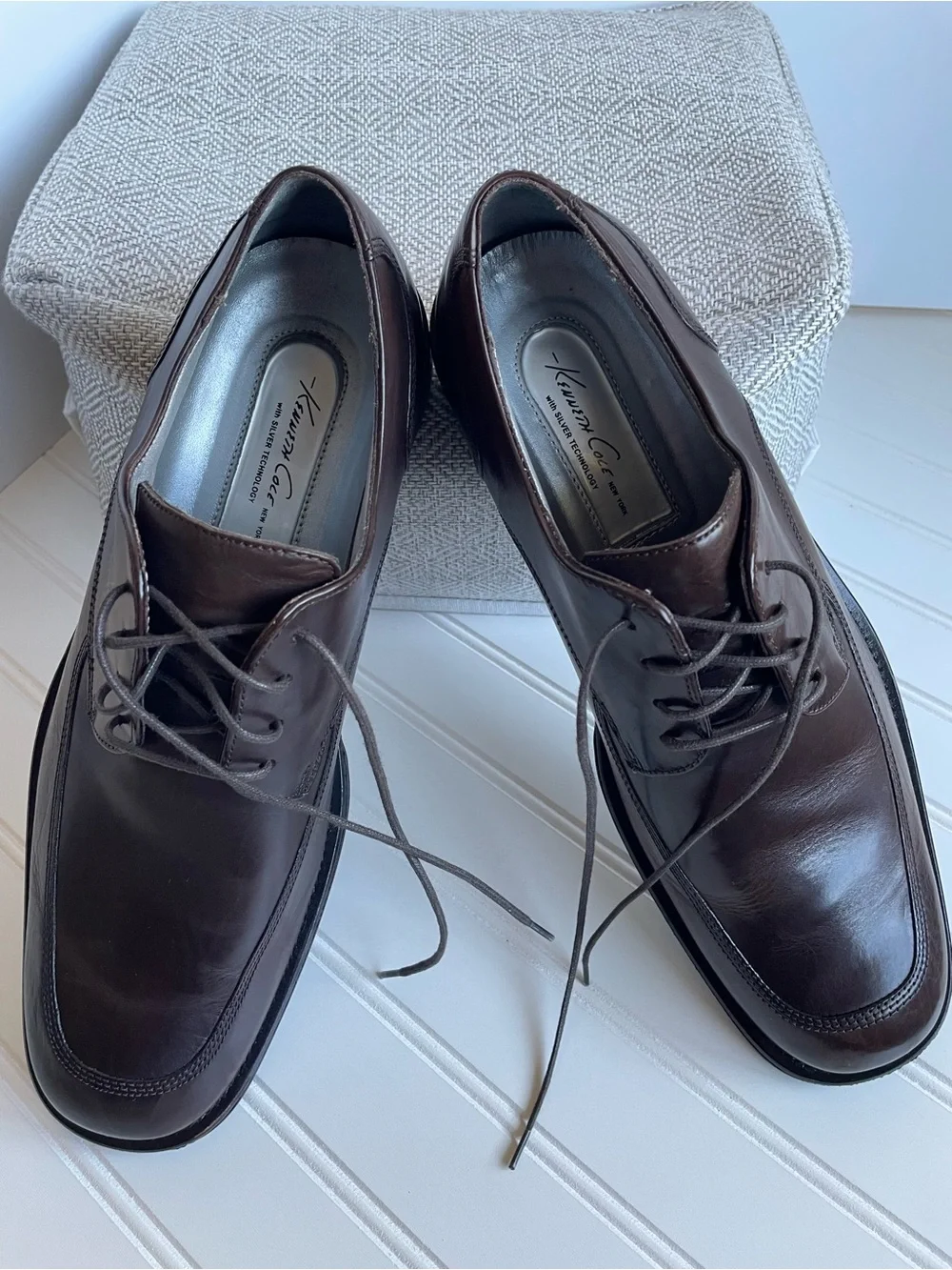 Kenneth Cole New York Brown Leather Dress Shoe Derby Silver Tech Square Toe Sz10